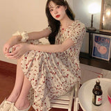 Rimocy Korean Fashion Chiffon Long Dress Women 2024 Summer Short Sleeve Floral Party Dress Woman V Neck Lace Up Midi Dresses