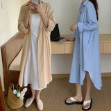 new White Shirts Dress For Women Oversized Casual Cotton Loose Dresses Long Sleeve Button Up Blue Midi Long Blouses Dress