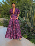 Vintage Printed Loose Long A-line Dress For Women Fashion Short Puff Sleeve V-neck Dresses 2024 Summer Holiday Casual Vestidos