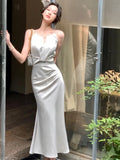 New Summer Stain Midi Dress Women Evening Party Dress Elegant Sleeveless Slim Mermaid Prom Robe Fashion Solid One Pieces Vestido