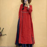 greatnfb Women Vintage Embroidered Contrast Dress Linen Loose O-Neck Long Sleeve Dresses Spring New Chinese Style Clothes