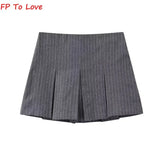 Grey Wide Pleated Mini Shorts Skirts High Street Stripe American Retro Solid Vintage Blogger Sexy PB&ZA Woman 7385524 Black