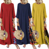 Printed Long Dress Dress Long O Neck Loose Women Plus Size Vintage 3/4 Sleeve Side Buttons Dress