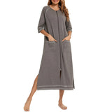 Rubehoow House Dresses For Women Zipper Front Robes Half Sleeve Bathrobe Full Length Soft Cotton Duster Coat With Pockets