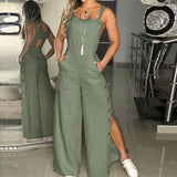 Women's Summer Sleeveless Twisted Knot Cotton Linen Strappy Jumpsuit Side Button Opening Loose Long Pants Women Playsuit Overall