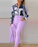 Casual Long Sleeve Shirt Pants Set Office Lady Fashion Elegant V Neck Floral Print Trousers Two Piece Set Women Outfit