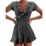 greatnfb  Summer Women’s Floal A-Line Dress Sweet Elegant Floral Ruffles V-neck Bandage Short Dress for Lady Chic Flowers Mini Dress