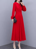 greatnfb Women Clothing Red Chiffon Boho Dress Spring Autumn Black Long Sleeve Chic Elegant Fashion Casual 2024 Midi Prom Evening Dresses