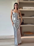 greatnfb Women Sexy Backless Silvery Sling Maxi Dresses Fashion High Waist Bodycon Sleeveless Dress Ladies Evening Party Vestidos Robes