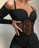 Sexy Party Night Out Jumpsuit Women Elegance Plain Glitter Cold Shoulder Long Sleeve Contrast Lace Corset Skinny Jumpsuit