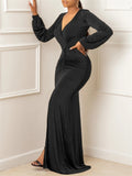 Elegant Evening Dresses Long Patry Gown Sexy Deep V Long Sleeve Mermaid Bodycon Split Maxi Robe Femme