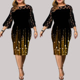 greatnfb Women Plus Size Dress Hollow Out Lace Stitching Slim Hips Wrapped Dress Ladies Round Neck Colorblock Bodycon Wedding Party Dress