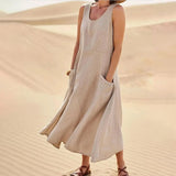 Vacation camisole sleeveless vest dress for women's summer design, niche, loose cotton linen and solid color beach long dress