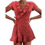 greatnfb  Summer Women’s Floal A-Line Dress Sweet Elegant Floral Ruffles V-neck Bandage Short Dress for Lady Chic Flowers Mini Dress