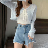 greatnfb  Summer Thin Outerwear Sun Protection Cardigan Ice Silk Knit Women Tops Bow Lace Up Short Suspender Skirt Shawl Airable Shirt