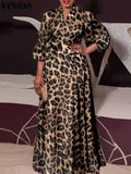 Plus Size 5XL VONDA Bohemian Dress Elegant Women Leopard Print Dress 2024 Long Lantern Sleeve Loose V Neck Casual Party Sundress