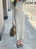 wsevypo Fall Casual Knit Ribbed Bodycon Long Dress Simple Style Solid Color Long Sleeve O Neck Wrapped Pencil Dress Street Party