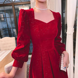 greatnfb Women Evening Dresses Long Sleeve Elegant Square Collar Red Prom Party Dress Long A-line Wedding Guest Evening Dress Graduation