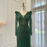 Sharon Said Navy Blue Mermaid Evening Dress for Women Wedding Elegant Emerald Green Long Sleeves Arabic Formal Party Gowns SS099