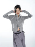 Grey Vintage Zipper Cardigan Women Embroidery Y2k Aesthetic Grunge Sweater Short Jackets Basic Female Slim Knitted Coats Femme