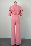 Fashion 2023 Women Two Piece Set Outfits Solid Color V-Neck Flared Sleeve Tie Up Top Wide Leg Pants Casual Set Sport Suit