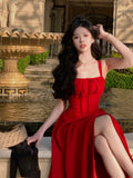 French Elegant White Strap Midi Dress  Summer New Casual Evening Party Dress Women Beach Sleeveless Lace-up Red Dress Korean