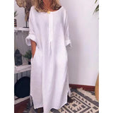 greatnfb  Vintage Cotton Linen Summer Clothes for Women Round Neck Solid Color Splicing Pockets Loose-fitting Long Sleeve Slit Long Dress