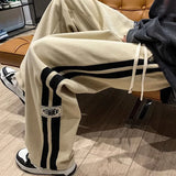 Side Striped Corduroy Wide-Leg Pant Men 2023 Korean Fashion Hip Hop Cargo Pant Loose Casual Straight Sports Outdoor Running Pant