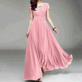 Elegant Maxi Dresses For Women Summer V-Neck Solid Color Short Sleeve Chiffon Waist Closing Evening Party Long Dress