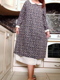 2024 Japanese   Embroidery   Cotton And Linen  Flower  Loose Long-sleeved Dress Midi Dress