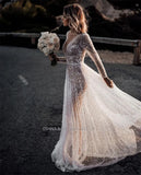 Mordern V- Neck Sequins Wedding Dresses Long Sleeves Floor Length Backless Bridal Gowns Robe De Marié