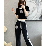 greatnfb Women's Casual Sports Suit 2024 Summer New Fashion Street Bombing Style Short Sleeve Corp Top And Wide Leg Pants 2 Two Piece Set