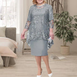 2022 New O-neck High-Waist Plus Size Midi Dress M-5XL Elegant  Embroidery Lace 3/4 Sleeve Lady Evening Dress Female Clothing