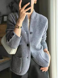 Office Knit Winter Thickened Cardigan Stand Up Collar Sweater Loose Coat Elegant Casual Chic Ladies Buttons Pockets jacket Tops