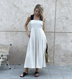 2024 Women Casual Sleeveless Strap Linen Mid-calf Dress Summer striped Female Sundress Vestido