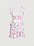 Autumn Winter Plus Size Sleeveless Cocktail Floral Ruched Mini Dress Summer Women Fashion Sexy Party Club Dresses