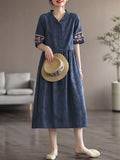 greatnfb Women Cotton Linen Casual Dress New Arrival  Summer Vintage Style V-neck Floral Embroidery Loose Ladies Long Dresses B1808