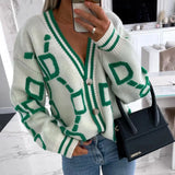 2023 Autumn Winter Knitted Cardigan Fashion Women Long Sleeve Loose V-Neck Sweater Thick Warm Female Green Casual Print Cardigan