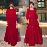 greatnfb Women Evening Dresses Long Sleeve Elegant Square Collar Red Prom Party Dress Long A-line Wedding Guest Evening Dress Graduation