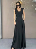 2024 Long Jumpsuits Women Black Trendy Loose Retro Summer Feminine Office Sleeveless Simple Elegant Solid Evening Dress lady