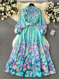 Gorgeous Holiday Flower Maxi Dress 2024 New Women's Stand Collar Long Lantern Sleeve Floral Print Belt Ruffles Robe Vestidos