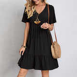 greatnfb  Summer Womens Short Sleeve Mini Dress Ladies Pleated Ruffle Solid Dresses Casual V Neck Vintage Loose Vestidos