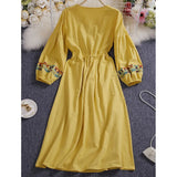 2024 Spring Women's Linen Dress Embroidery Long Sleeve Dress Elegant Ethnic Boho White Clothes Autumn Dresses For Women Party