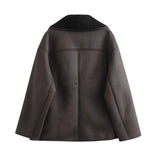 greatnfb  TRAF 2024 Woman Thick Faux Leather Jackets for Women Autumn Winter Warm Wool Blends Coats Demi-season Plush Jacket Outerwear