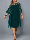 Elegant Midi Party Dress For Chubby Women Xxl O Neck Lace Sleeve Hollow Out Solid Sexy Women'S Clothing  Evening Dresses