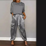 greatnfb  Spring/Summer Women's Set Fashion Satin Round Neck Long Sleeved Top and Pants Set Casual Loose and Elegant Women's Two Piece Set