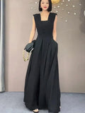 2024 Long Jumpsuits Women Black Trendy Loose Retro Summer Feminine Office Sleeveless Simple Elegant Solid Evening Dress lady