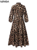 Plus Size 5XL VONDA Bohemian Dress Elegant Women Leopard Print Dress 2024 Long Lantern Sleeve Loose V Neck Casual Party Sundress