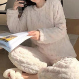 HELIAR Women Warm 2 Piece Sets Thicken Velvet Ribbed Fleece Set Pullover And Pants Casual Pajama Sets Women Autumn Winter 2023