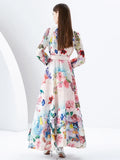 2024 Holiday Gorgeous Flower Party Dress Women's Stand Long Sleeve Single Breasted Floral Print Belt Linen Maxi Robe Vestidos